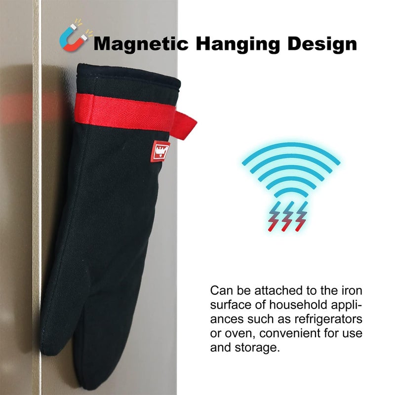 Coziselect Silicone Oven Mitts, Magnetic Oven Mitt Set, Cotton Oven Mits Heat Resistant, Anti-Slip Hot Mitts for Kitchen, Cooking, Baking, Grilling, Black - Image 2